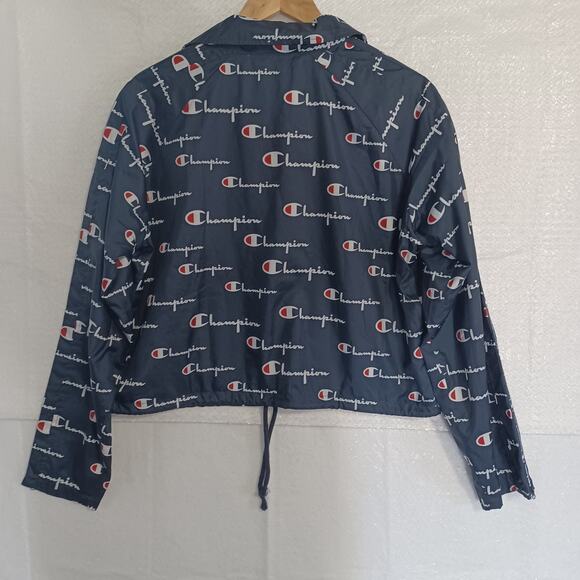 Champion Script Logo Cropped Jacket Women Large Navy Blue Tape Zippered Sleeves - Picture 2 of 7